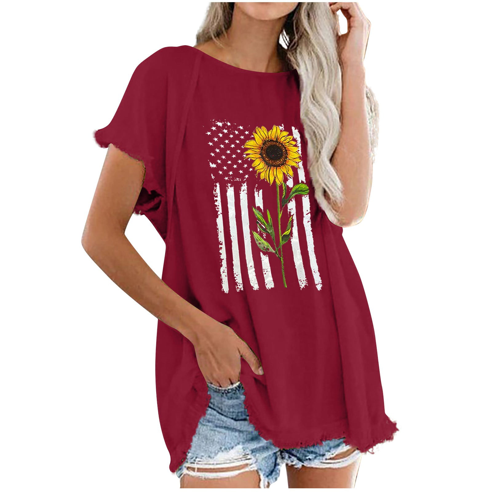 Womens Oversized Tees Sunflower American Flag Shirts Loose T Shirts ...
