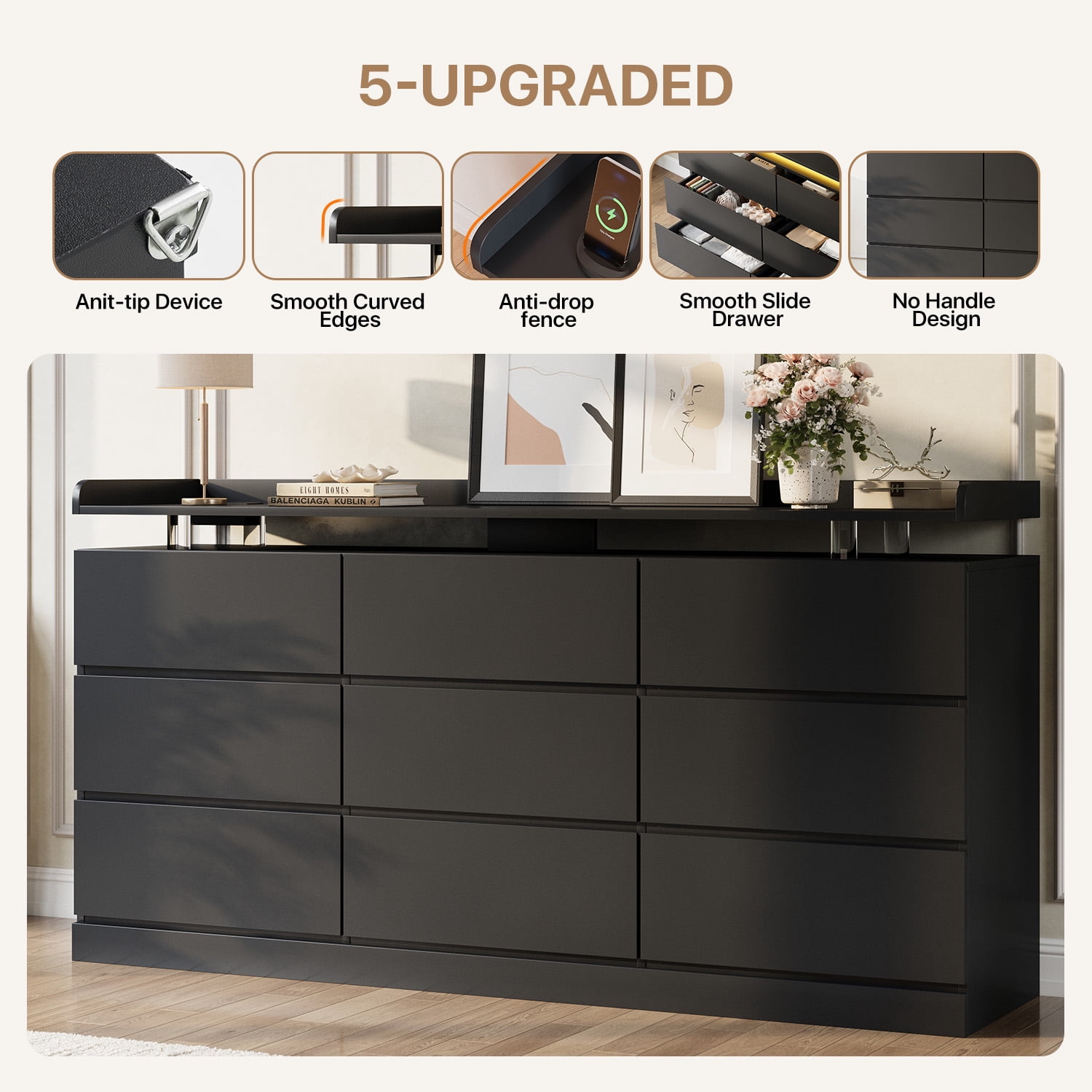 BaPiPro 63-Inch Black 9 Drawer Dresser, Modern High Gloss Chest with LED Light & Glass Tabletop, Large Capacity Storage Cabinet for Bedroom or Living Room