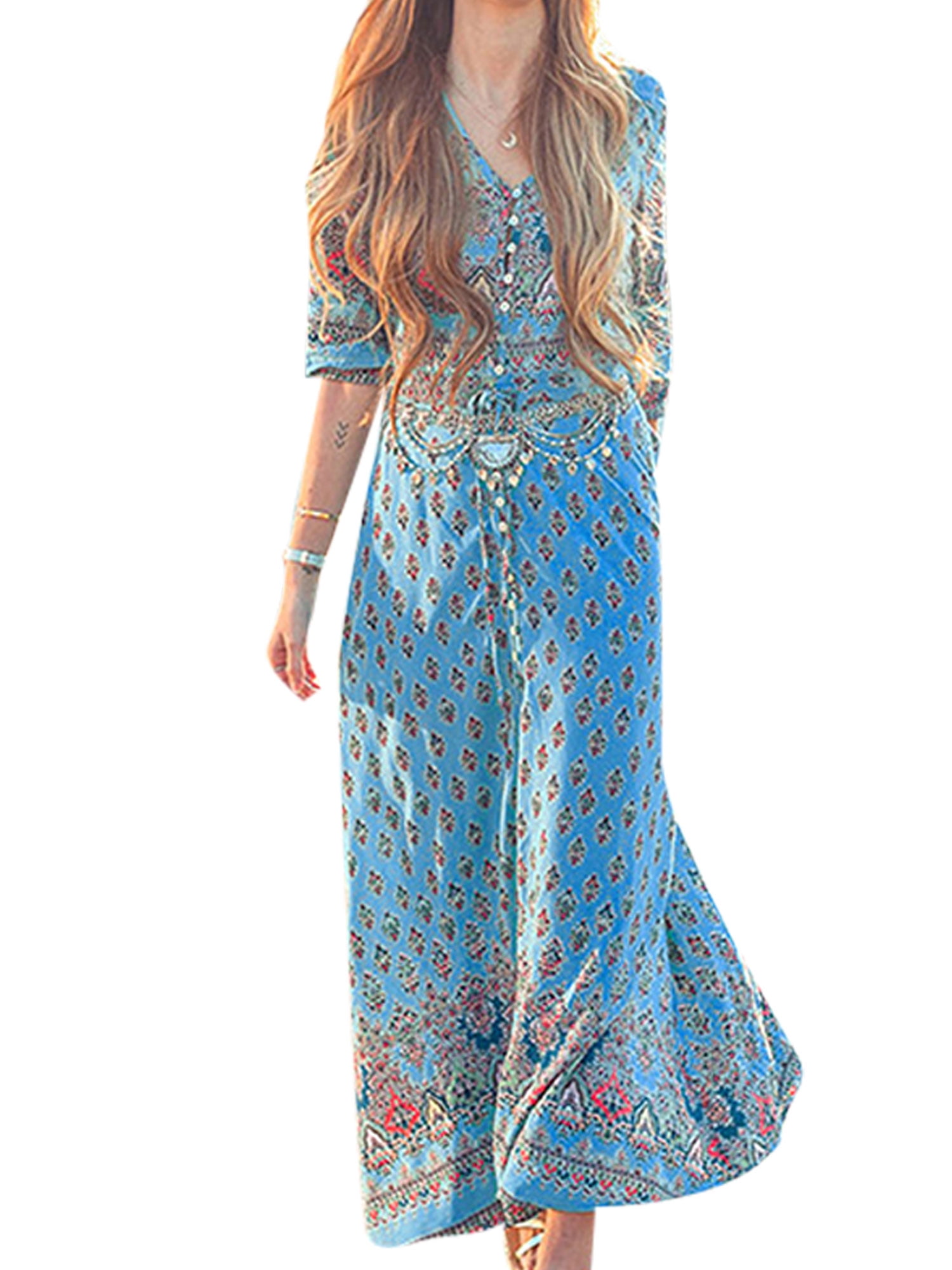 UKAP - UKAP Summer Ethnic Split Maxi Dresses for Women V Neck Boho Long