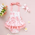 thumbnail image 4 of ZEHJUHAN Baby Girls' Ruffle Sleeveless Halter Romper + Headband Set, Bow Print Summer Outfit with Snap Closure Pink，0-6M, 4 of 8