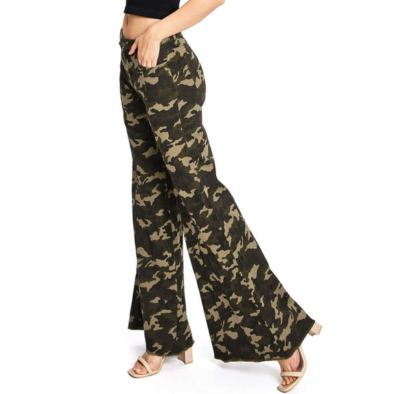 LITZ BY UNIQ Women's Juniors Army Camo Print Super Wide Flares (25, Camo)