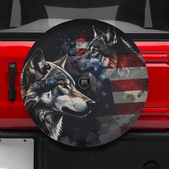 Lotusprinthandmade Wolf and America Flag Patriotic Spare Tire Cover With Backup Camera Hole 6 Sizes (27 in.), patriotic wolf car accessory
