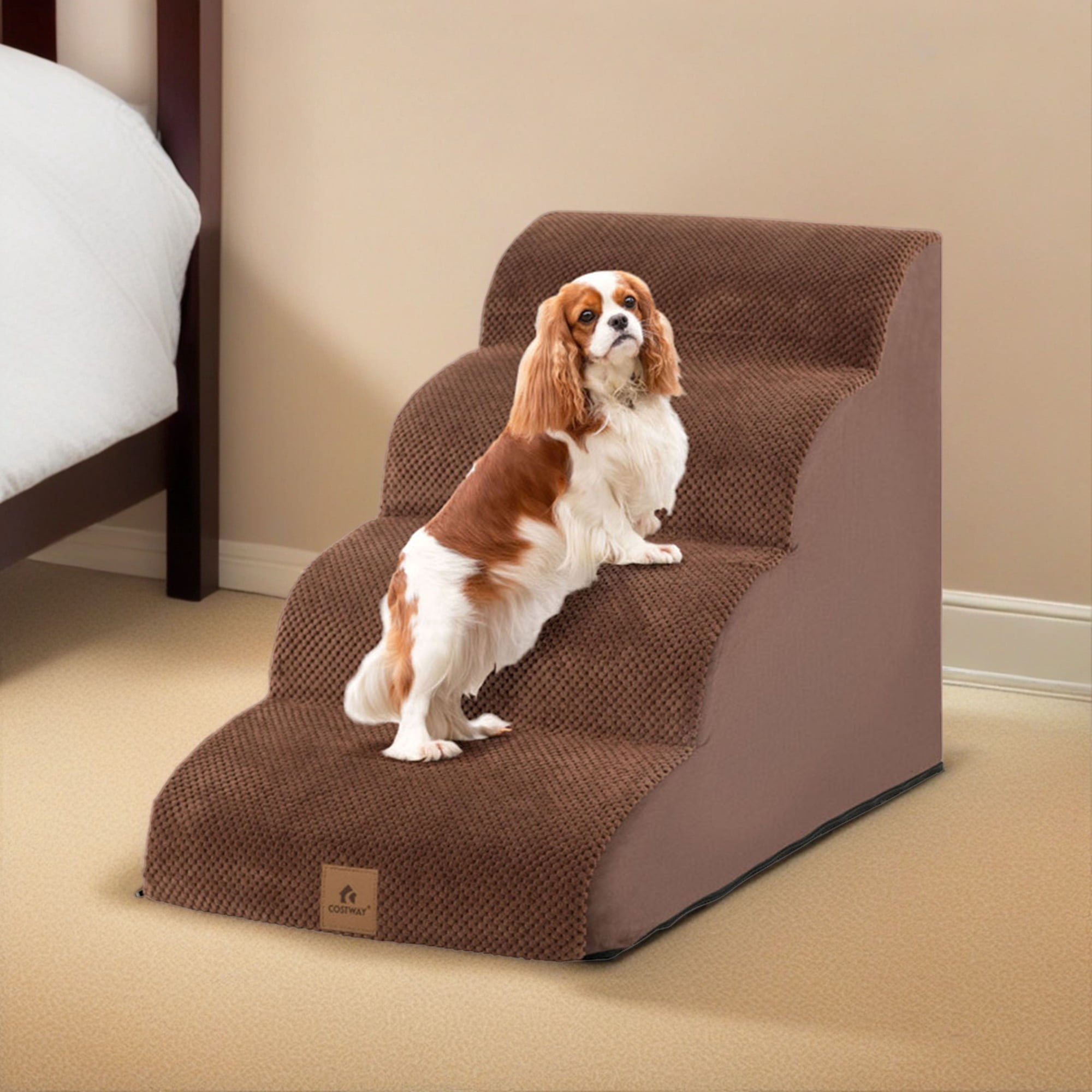 resenkos 28" Pet Stairs for Small Dogs, 4-Step Dog Ramp for Beds and Couch, Non-Slip Balanced Indoor Step, Brown