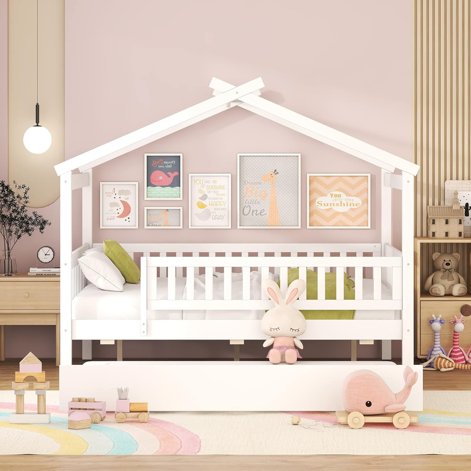 Gewnee Pine Wood Twin Size House Bed with Trundle and Roof for Kids,White