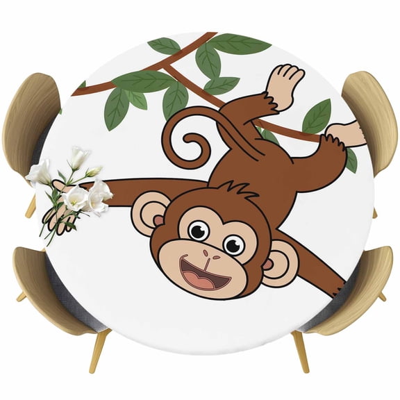Brown Cute Monkey Table Cloth, Round Fitted Tablecloths with Elastic Edge, Playing Funny Animal on Branch Wipeable Waterproof Table Cover for Kitchen Wedding 55-60 Inches