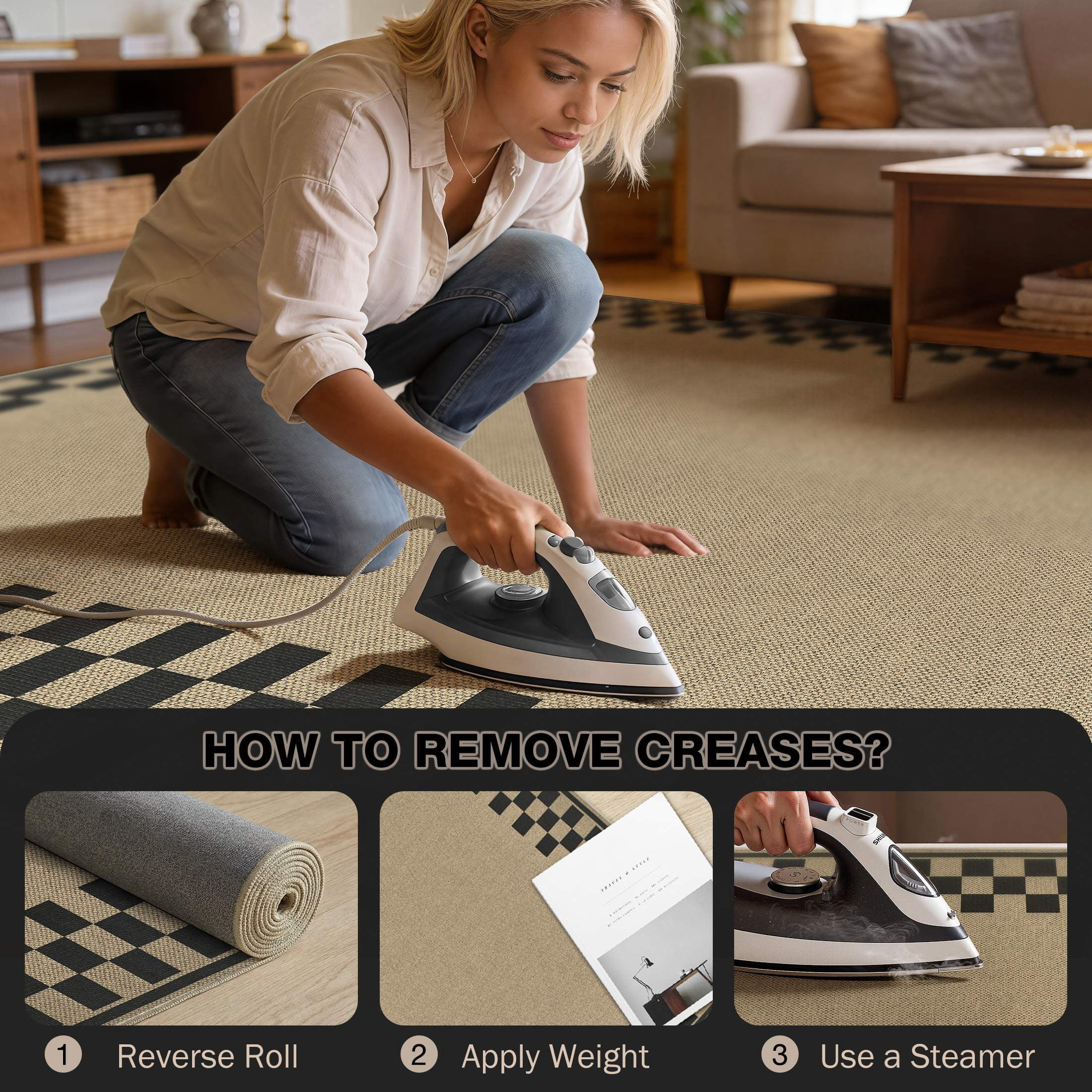 UERMEI 5x7 Area Rug for Living Room: Washable Non Slip Jute Look Carpet Low Pile Farmhouse Rug for Bedroom Under Coffee Table Dining Room - Geometric Brown