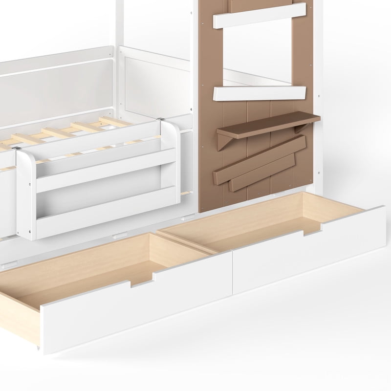 Full House-Shaped Kid's Bed with Built-in Bookshelf & Light Bulb, Wooden Platform Bed Frame with 2 Drawers & 5 Round Hooks