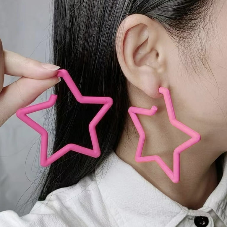 Warkul Pair Exaggerated Hollow Star Shape Ear Studs Candy Color