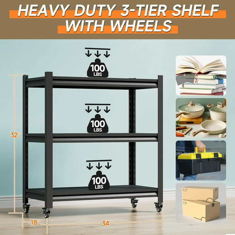 Bakers Rack with Wheels Storage Shelves 3 Tier Metal Shelving Unit with Wheels for Kitchen Garage Office Kitchen Stand with Adjustable Rack 18 inch D