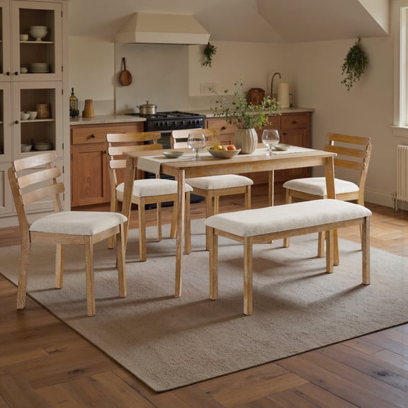 Kithkasa 6 Piece Dining Table Set for 6, 47 in Kitchen Table with Chairs and Bench, Farmhouse Wood Dining Room Set with 4 Upholstered Chairs