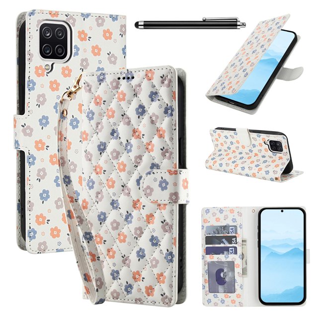 Wallet Case for Samsung Galaxy A12 , PU Leather Phone Cover Kickstand RFID Blocking Flip Case Card Slots Wrist Strap Relief Engraved Pattern Magnetic With Stylus Pen, Colorful Flower