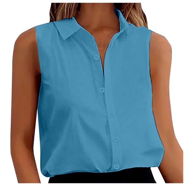 Blusa sin mangas con botones de gasa para mujer: cuello en V holgado, color liso, para el trabajo/casual, tallas S-XXL