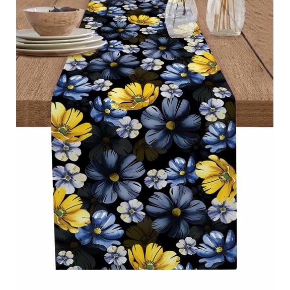ERUNPONLY Blue Floral Table Runner - 72 Inch Long Vintage Yellow Garden Blossom Flower Cotton and Linen Blended Dress Scarves Farmhouse Table Runner for Kitchen Dining, Coffee Table, 14"x72"