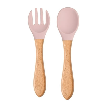 

2PCS Baby Silicone Wooden Feeding Fork Spoon Toddlers Infant Food Grade Utensils