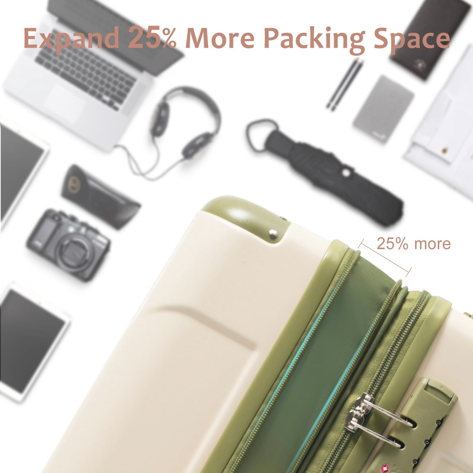 Hardshell Luggage, Lightweight Durable ABS Suitcases with Double Wheels, Expandable 24 Inch Checked Travel Luggage (White and Green)
