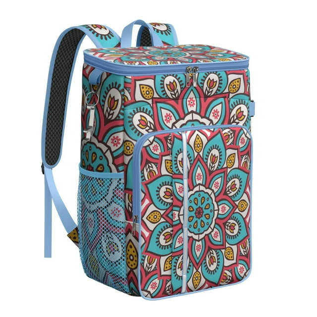 Cooler Backpack Mandala Ethnic Zen Pattern, Leak Proof Lunch Backpack, Tribal Abstract Floral Design Bag for Outdoor Beach Camping