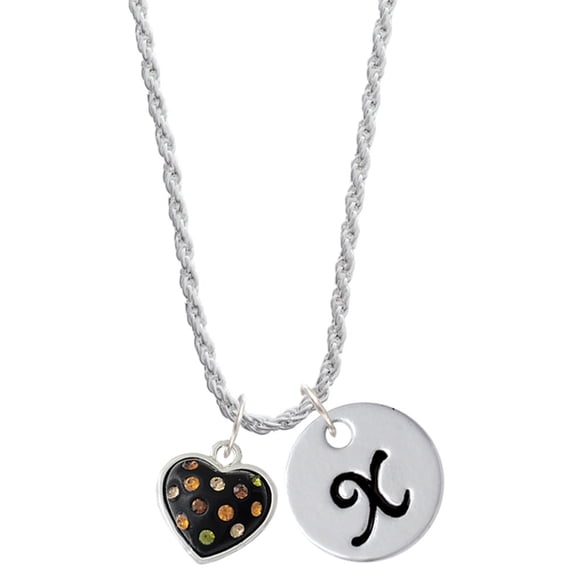 Delight Jewelry Silvertone Black Resin Heart with Fall Crystals Silvertone Script Initial Disc - X - Charm Necklace, 20"+3"