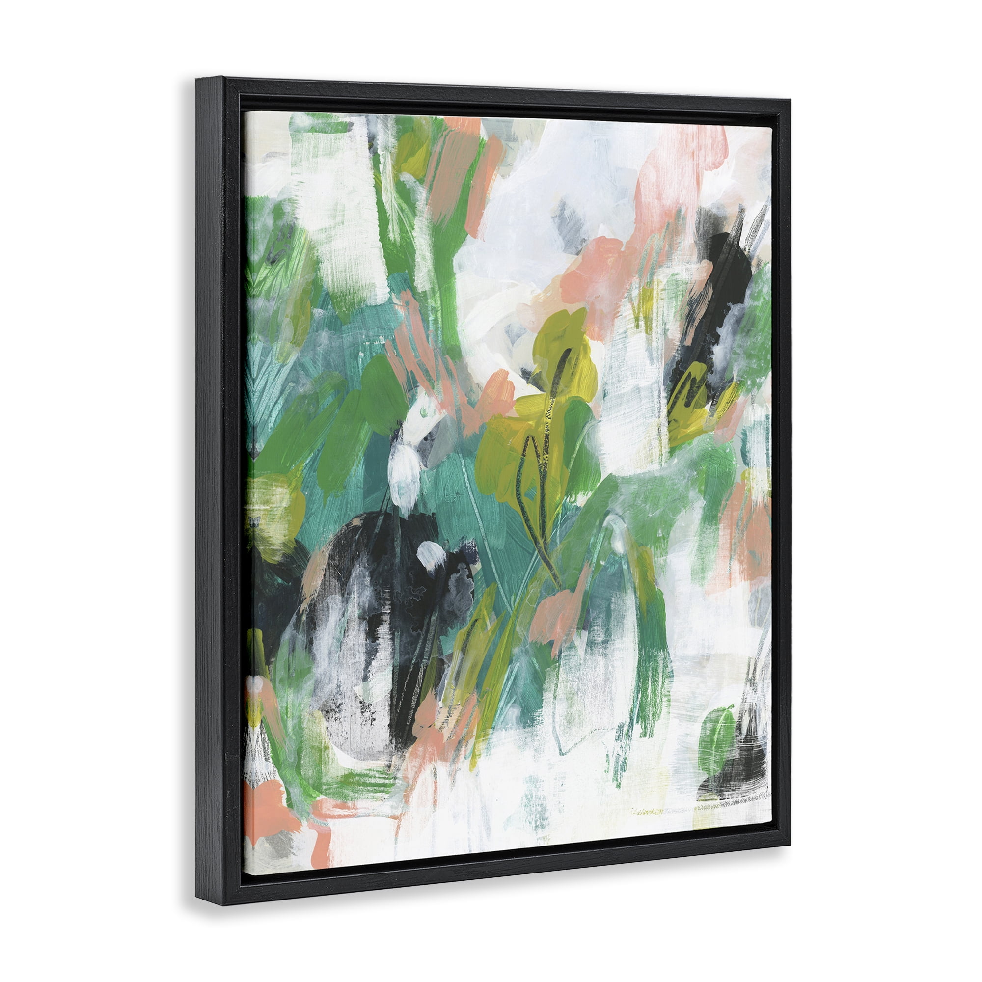 Stupell Industries Chaotic Green & Pink Abstract Abstract Painting Black Floater Framed Canvas Art Print Wall Art, 17 x 21