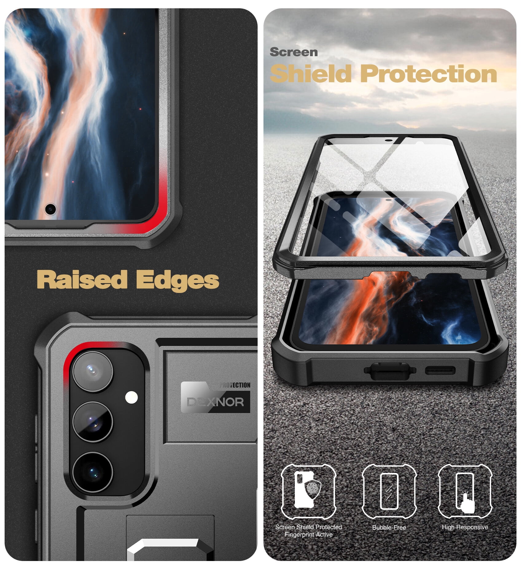 Dexnor Bumper Case for Samsung Galaxy S23 FE (2023), Full-Body Shockproof Rugged Heavy-Duty Protective Cover Dual-layer Protection with 2 Front Frames & Built-in Screen Protector & Kickstand,Black