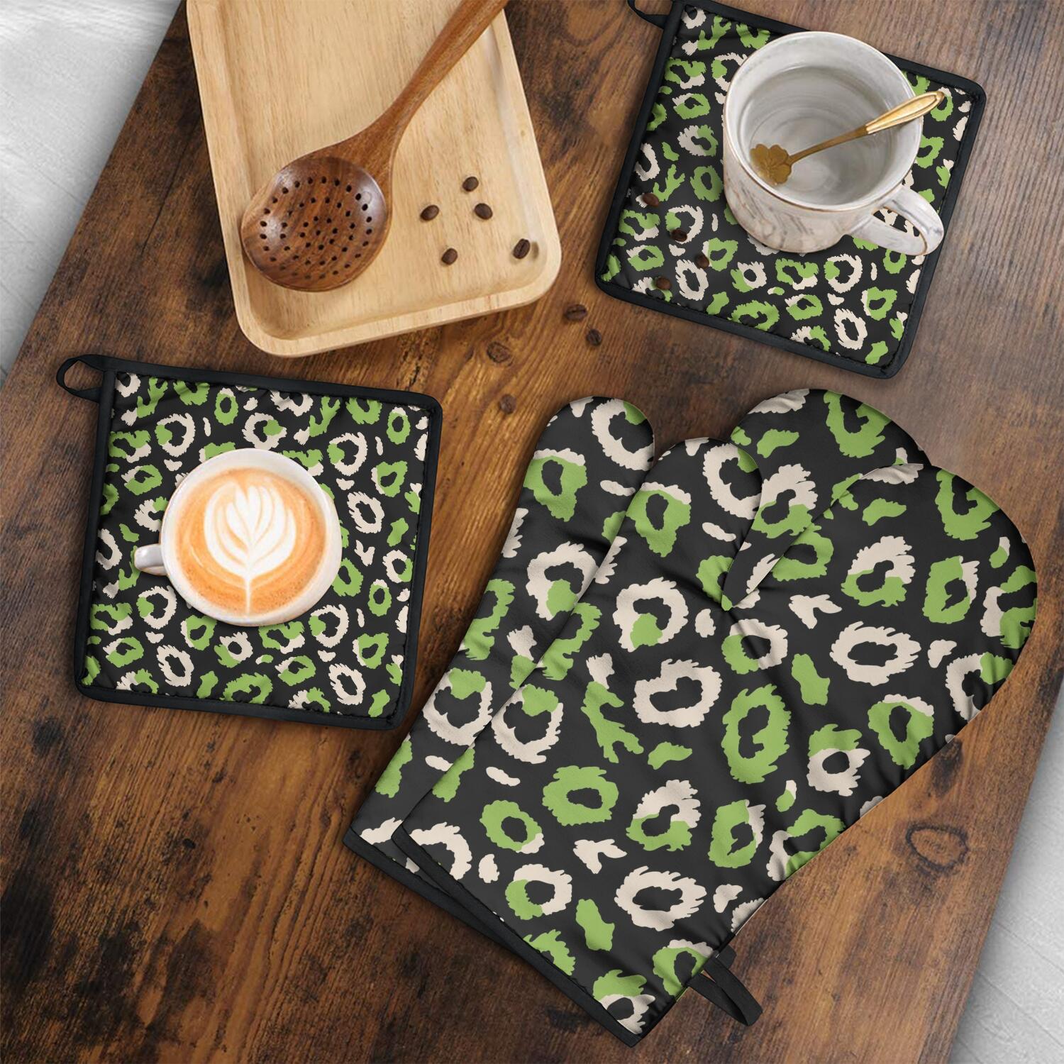 Leopard Print Oven Mitts and Pot Holders Set Of 4, Heat Resistant Kitchen Gloves with Non-Slip Grip, Hanging Loop, Soft Cotton Lining for Baking, Cooking, Grilling, Barbecue