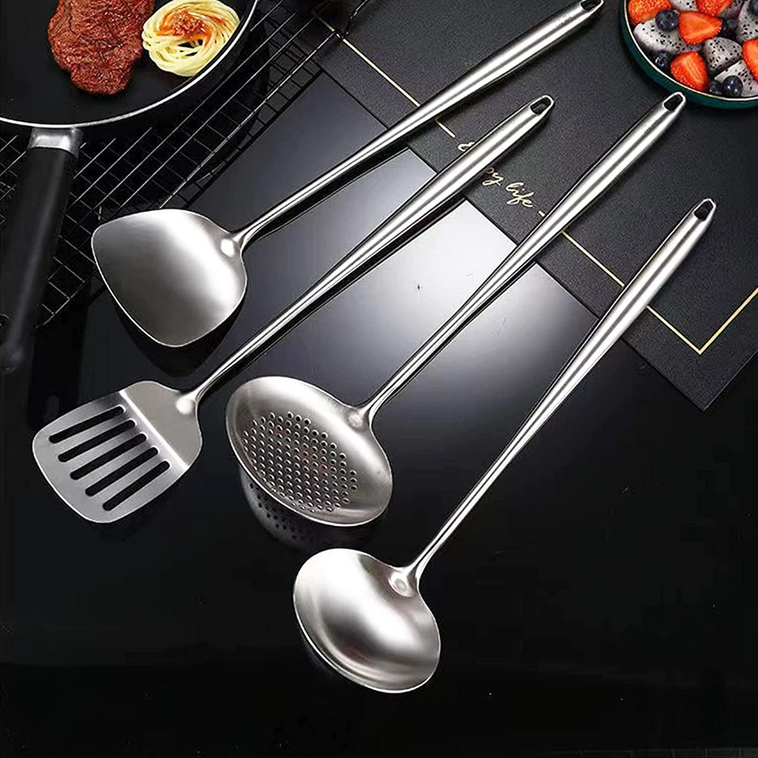 Stainless Steel Wok Spatula Metal Wok Utensils for Carbon Steel, 4Pieces 17 Inch Extra Long