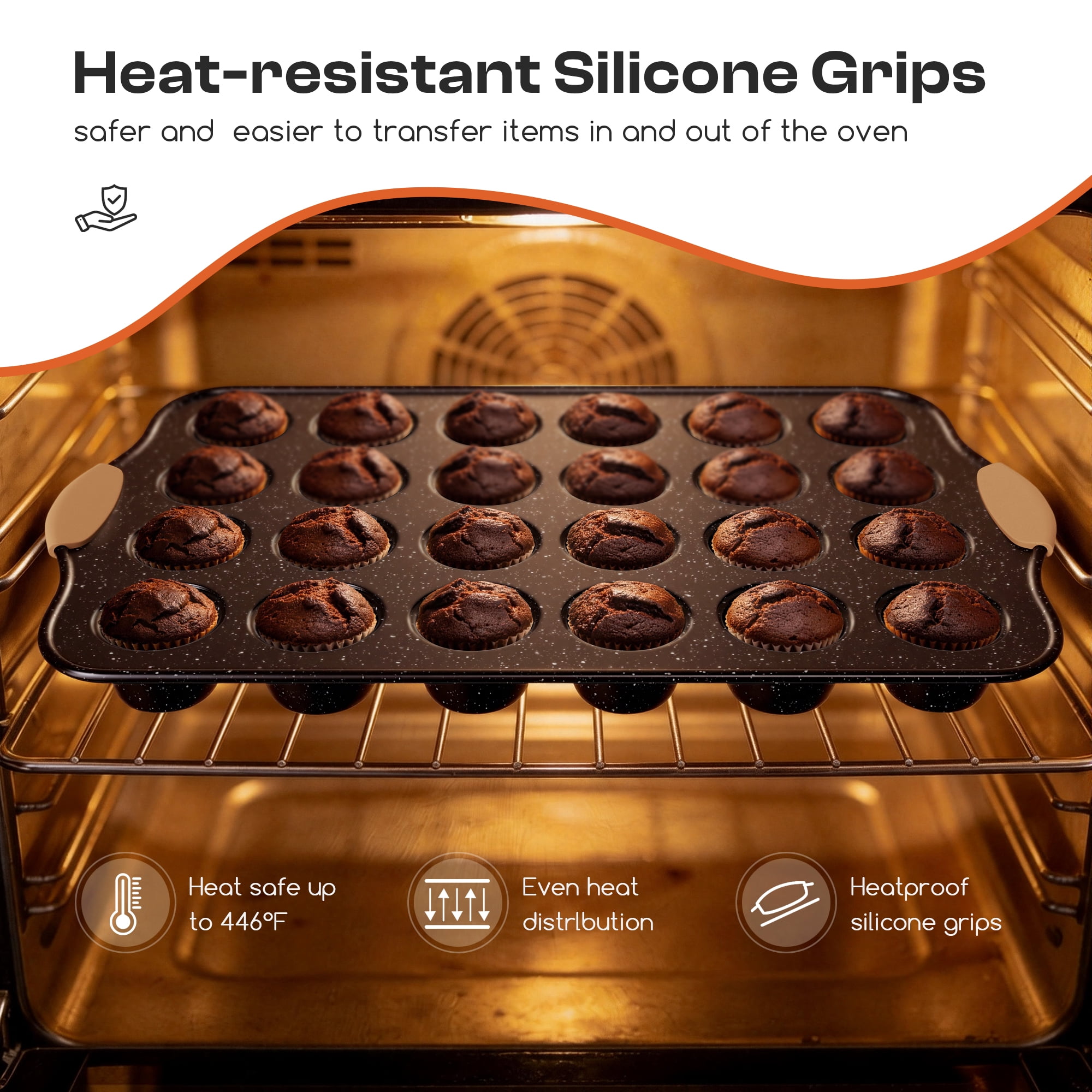 Slow Slog Nonstick Bakeware Set, 14-Piece Baking Pans Set, Stackable Baking Sheet Pans with Silicone Handles, Khaki&Black