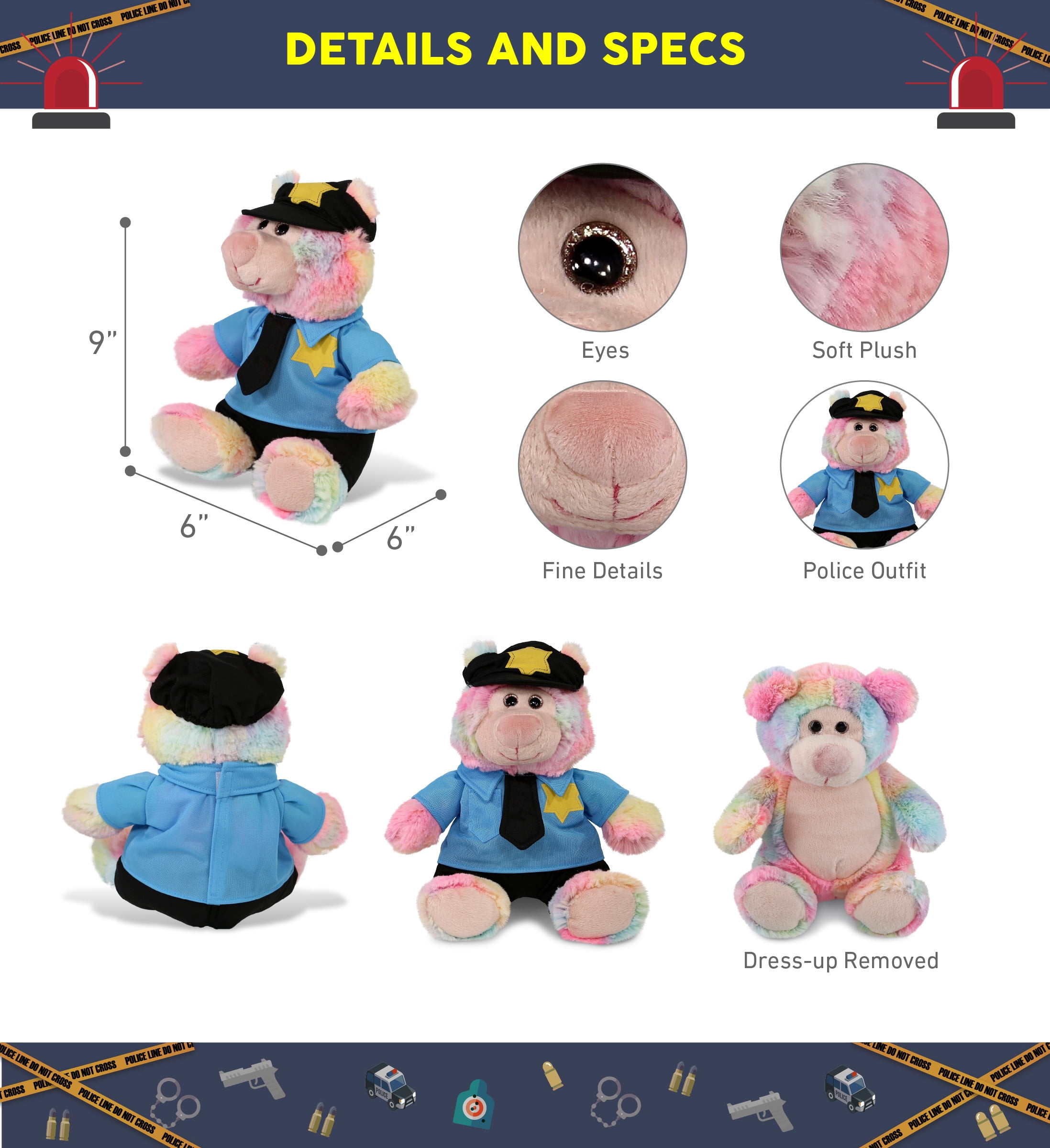 DolliBu Rainbow Bear Police Officer Plush Toy – Super Soft Rainbow Bear Cop Stuffed Animal Dress Up Cop Uniform and Cap Outfit, Cute Fluffy Bear Policeman Toy Plush Gift for Kids – 9 Inches