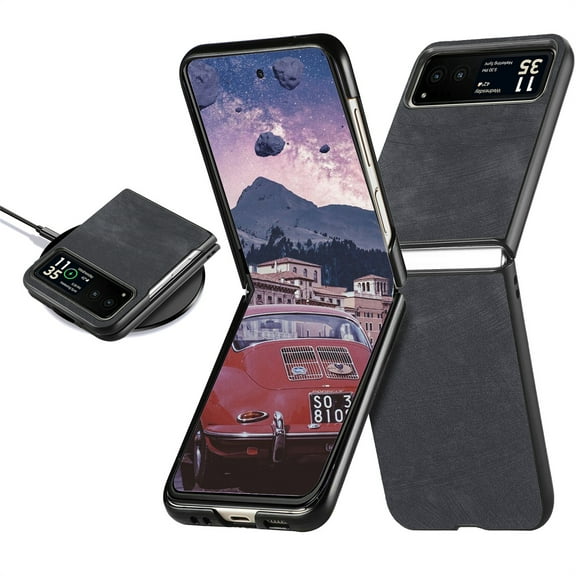 CCSmaller for Motorola Razr 2023 Case, Retro PU Leather Slim Protective Cover Support Charge Wirelessly Phone Case for Moto Razr 40 FFG Black