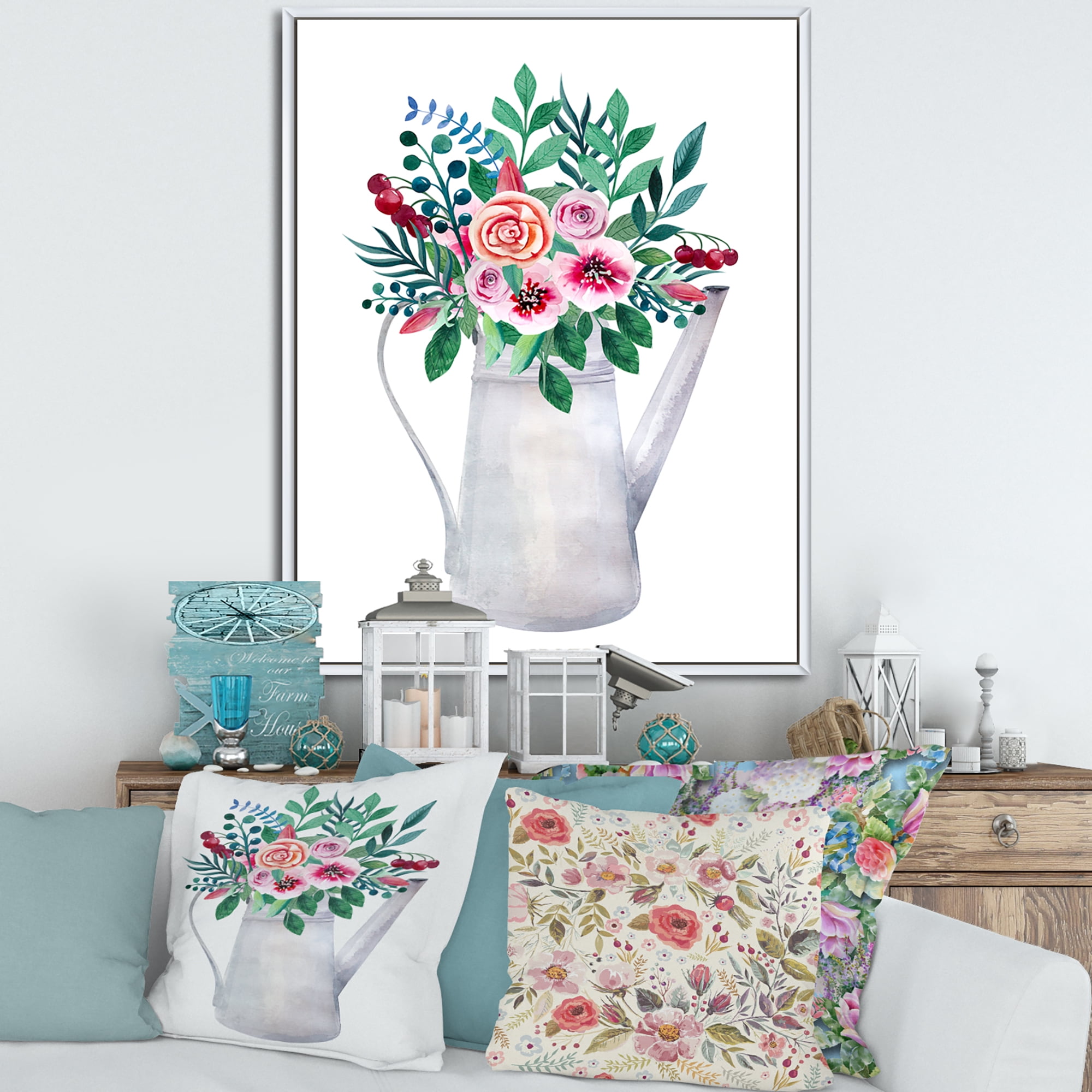 Designart 'Bouquets of Flowers In Rustic Flowering Pot With Berries' Traditional Framed Canvas Wall Art Print