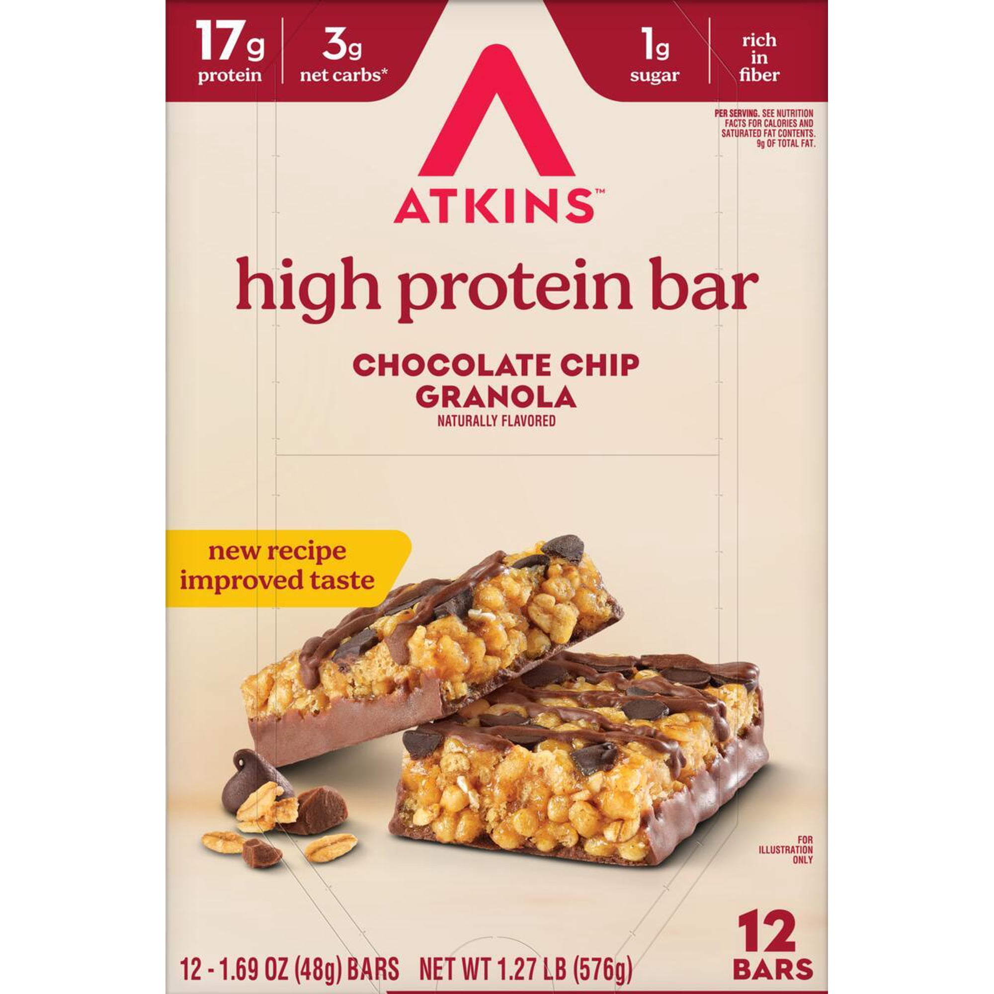 Atkins High Protein Bar, Chocolate Chip Granola, 12 Count