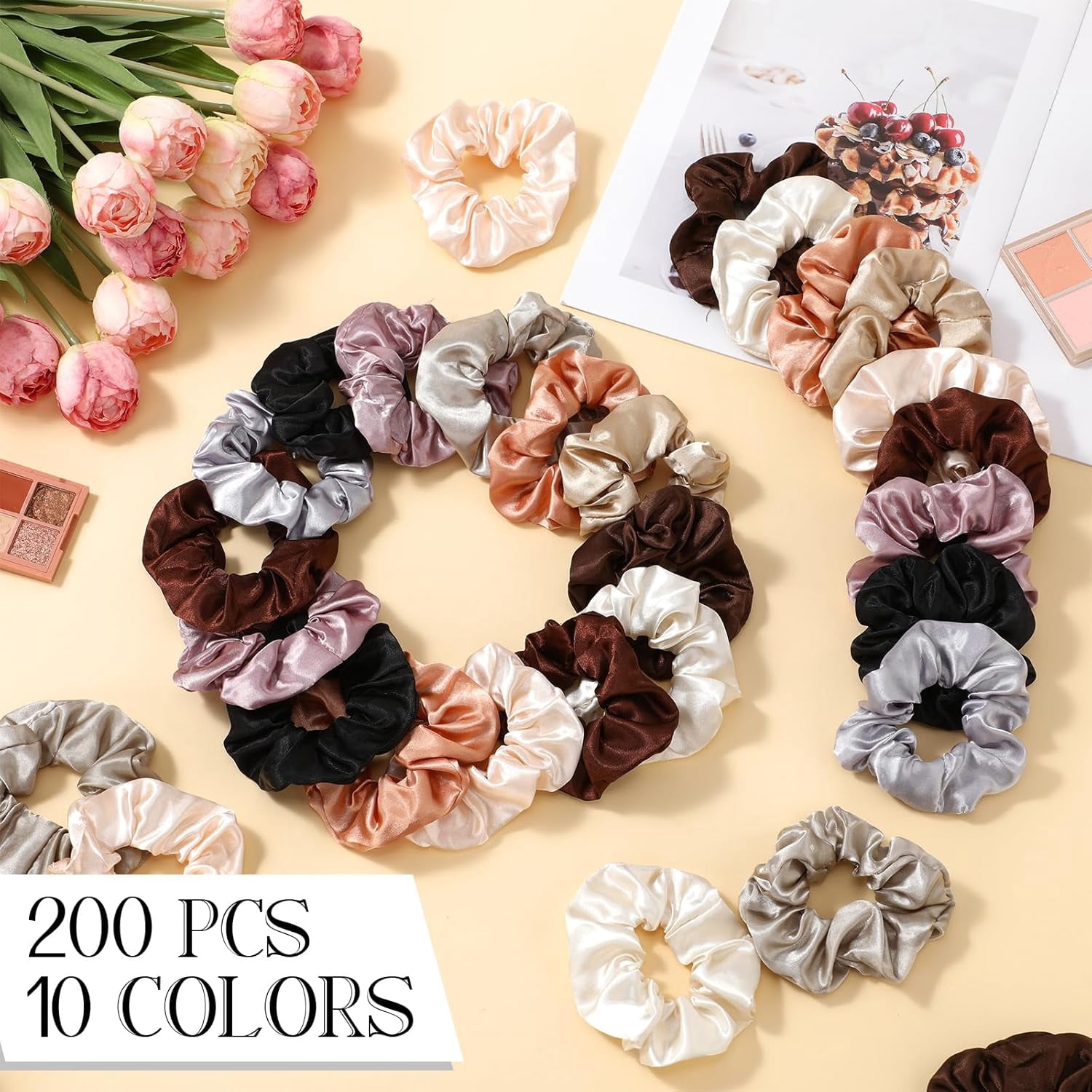 200 Pieces Satin Hair Scrunchies Bulk for Ponytail Holder Solid Color Satin Hair Tie Hair Elastics Bands for Women Teens Birthday Gift (Brown)