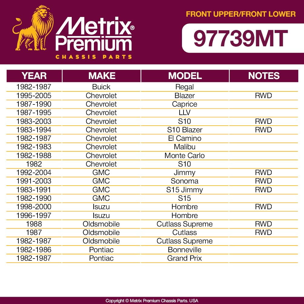 Metrix Premium Chassis Parts - 4 PC Front L/R Upper Control Arm & Front Lower L/R Ball Joint Kit Fits 82-87 Buick Regal, 95-05 Chevrolet Blazer RWD, 96-00 Isuzu Hombre, RK620261, RK620260, K6145T