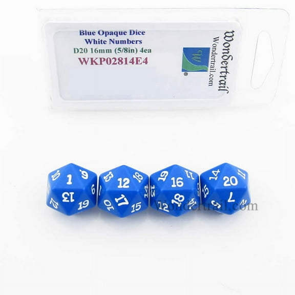 Blue Opaque Dice with White Numbers D20 16mm (5/8in) Pack of 4 Wondertrail