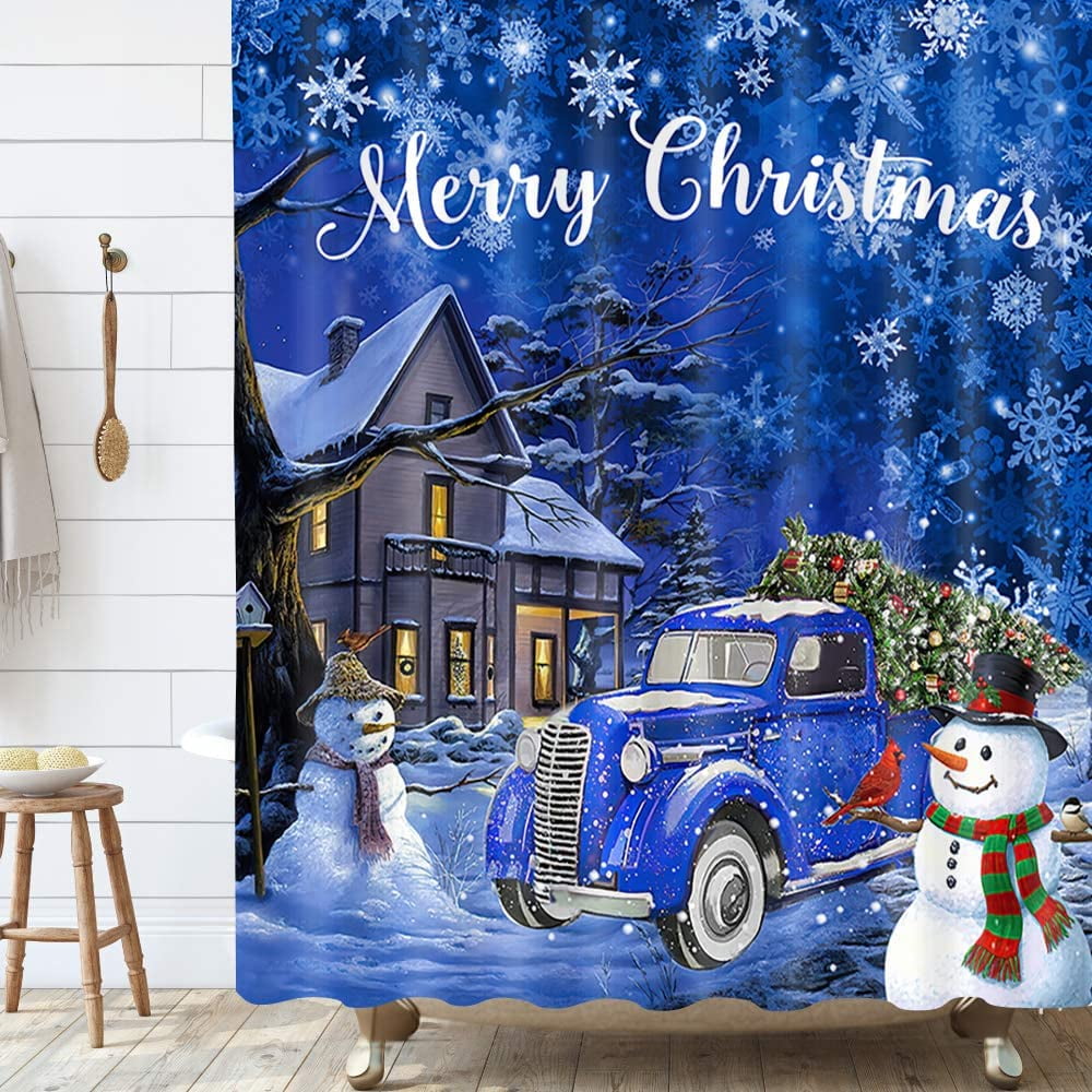 Blue Christmas Shower Curtain Snowman with Farm Truck and Xmas Tree