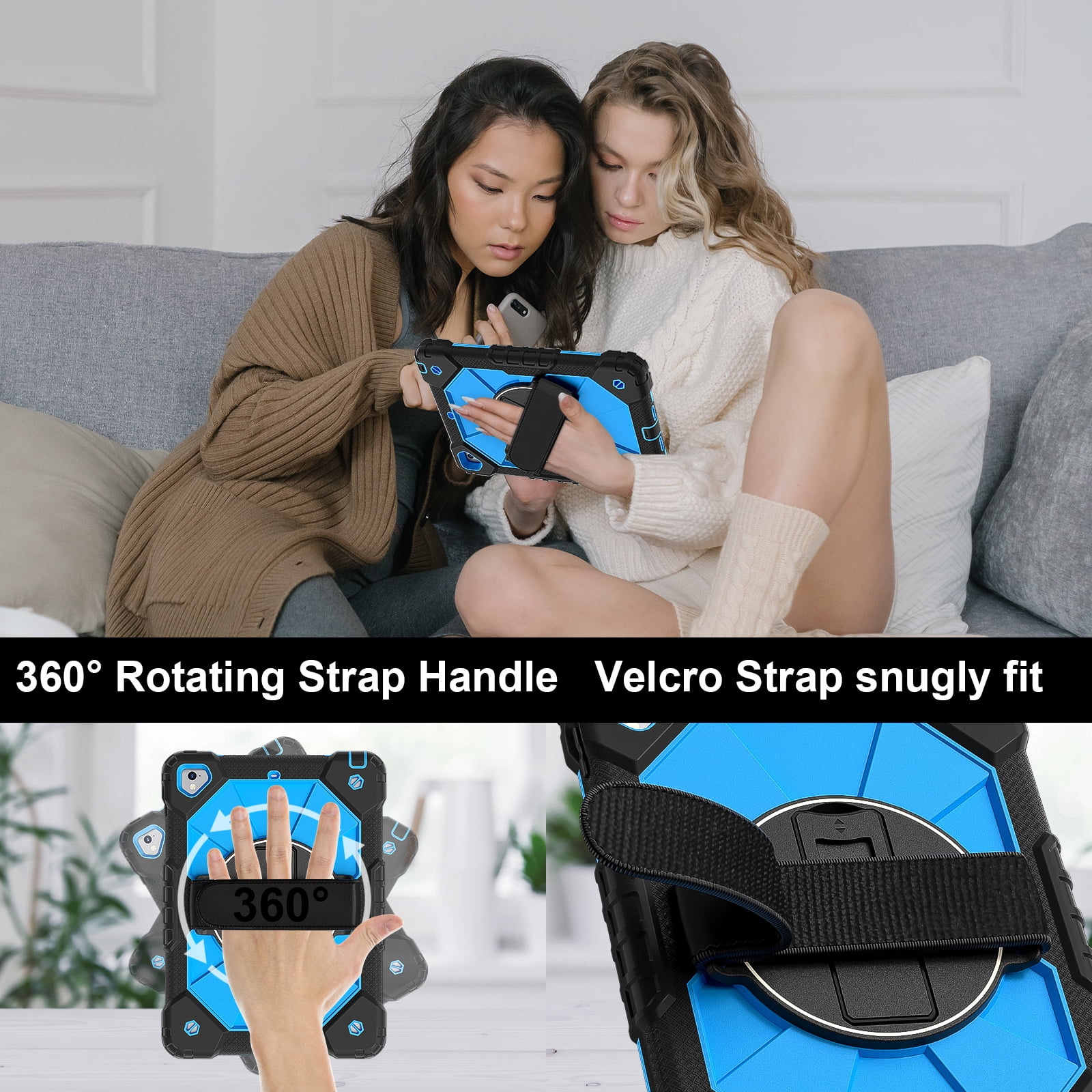 Shockproof Case for Apple iPad 6th 5th Generation 2018 2017 / iPad Air 2 9.7 Inch, Rotating Kickstand Pencil Holder Shoulder Strap Hand Strap Kids Friendly Bumper Cover, Blue+Black