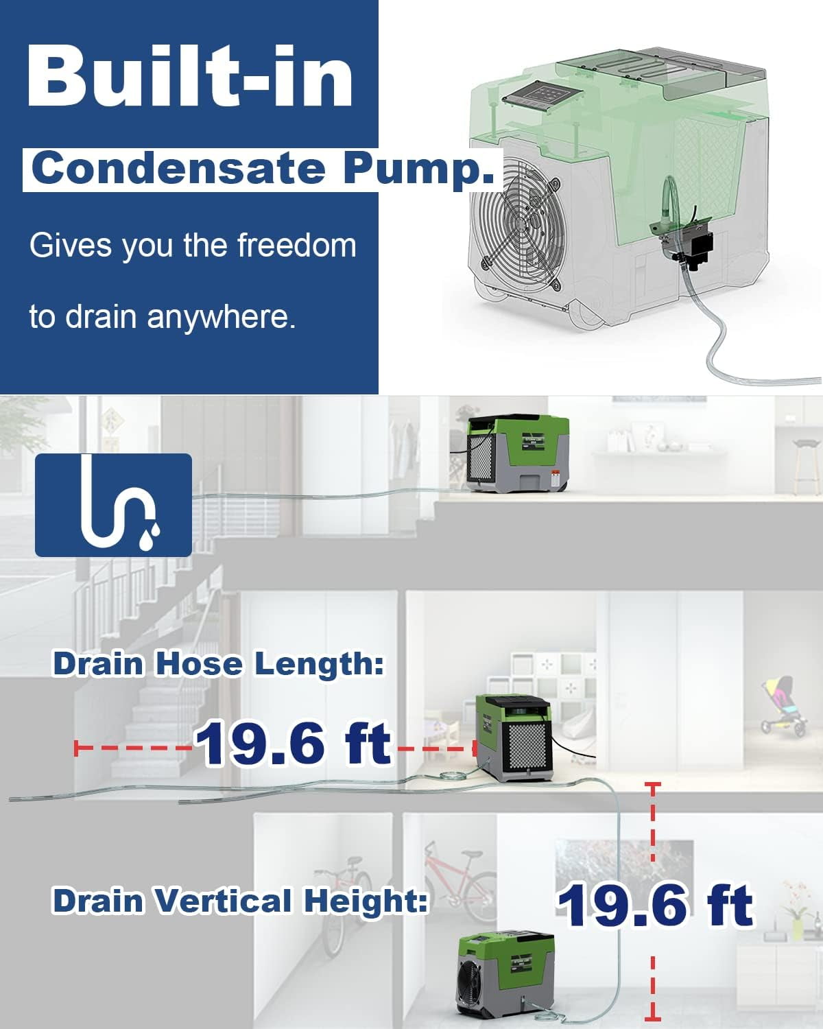 AlorAir 180 PPD LGR Commercial Dehumidifier with Pump, 28 Gallons Heavy Duty Industrial Water Damage Restoration Dehumidifier for Homes Basements, Garages, and Job Sites, Green