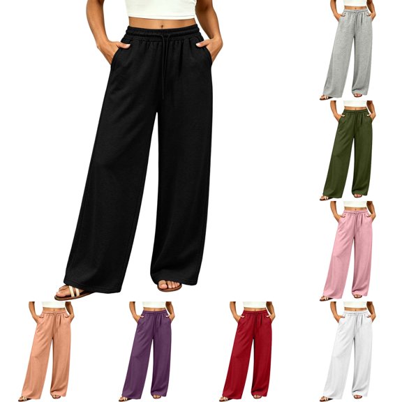 ZUBKTE Women's Fall Winter Sweatpants, Solid Elastic Drawstring Waist Loose Casual Long Trousers with Side Hidden Pockets S‑2XL