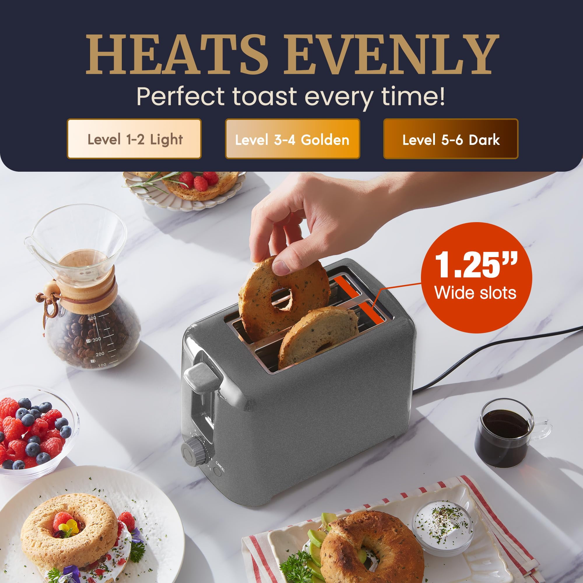 2-Slice Cool Touch Toaster – 6 Browning Levels, Extra Wide 1.25” Slots for Bagels & Thick Bread, Cancel Function