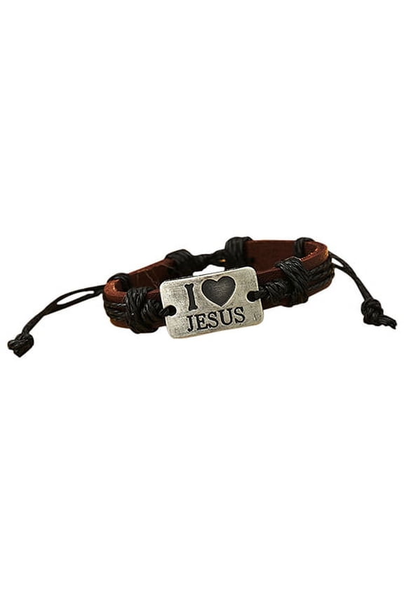 I LOVE JESUS Faux Leather Bangle Hemp Rope Chain Adjustable Bracelet-Black