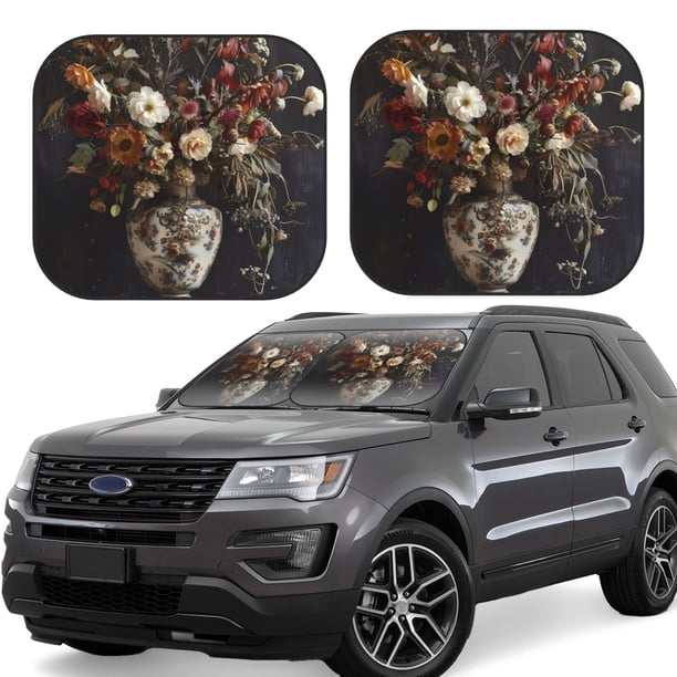 Balery Vintage Floral Vase A Parasol para parabrisas de coche de 2 piezas | Parasol plegable para parabrisas delantero de coche para la mayoría de sedanes-Large
