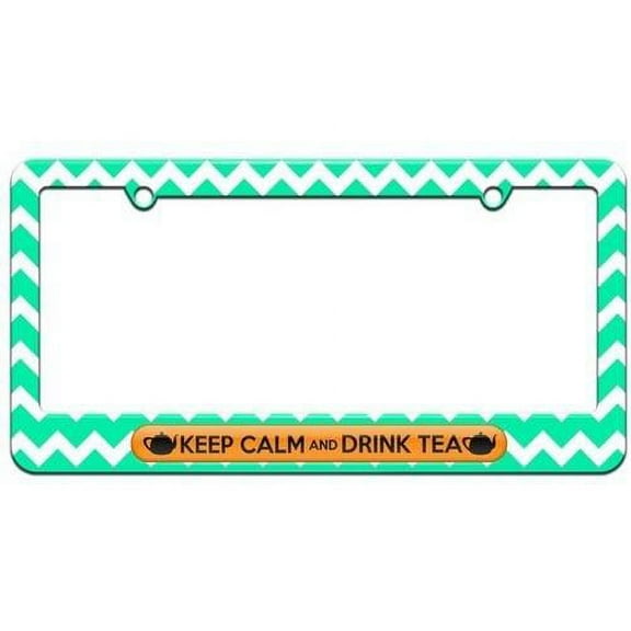 Keep Calm And Drink Tea License Plate Tag Frame, Teal Chevrons Design
