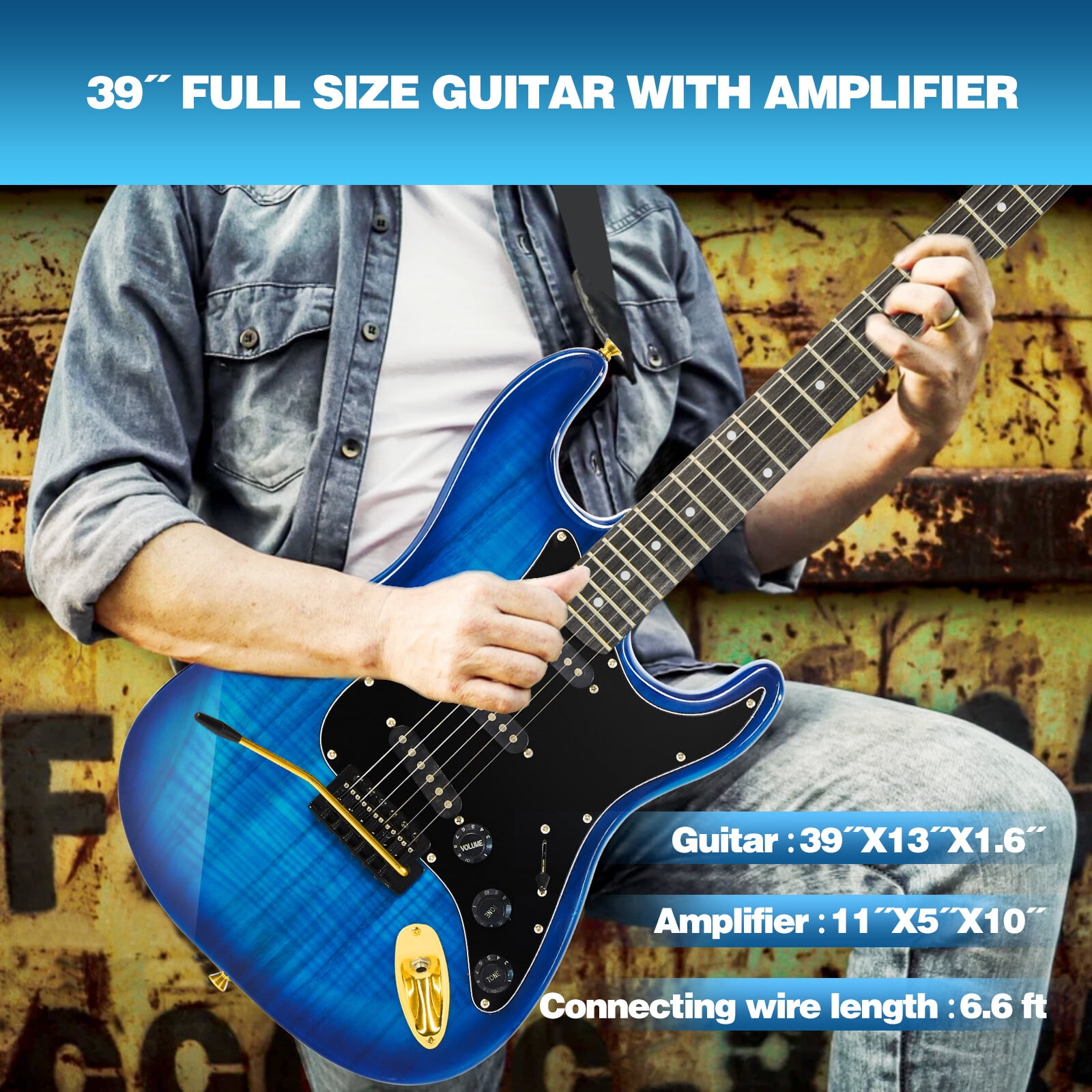 Full Size 39 Inch Electric Guitar Kit Solid Wood for Beginner with 25W Amplifier Gig Bag,Capo,Strap,Cable,Picks(Blue)
