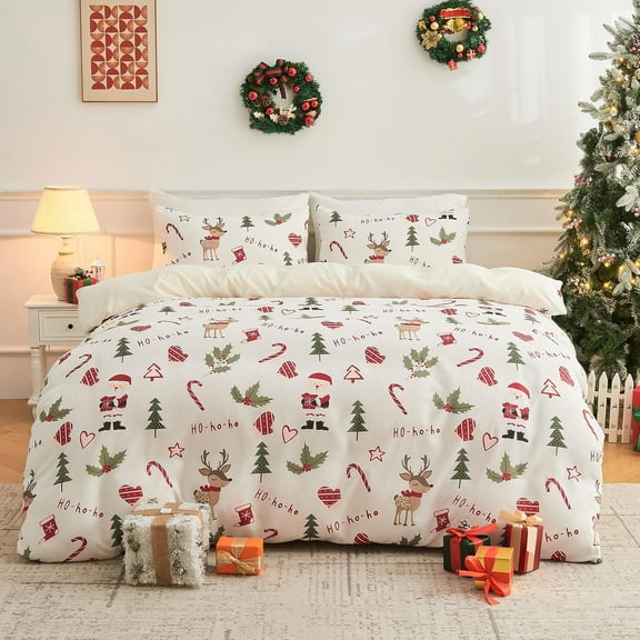 Gogreen Queen Duvet Cover Floral, Soft & Breathable Microfiber 3 Pieces Queen Bedding Sets, Pattern Queen Comfy Duvet Cover, with Zipper Closure (Christmas Santa Claus, Queen)