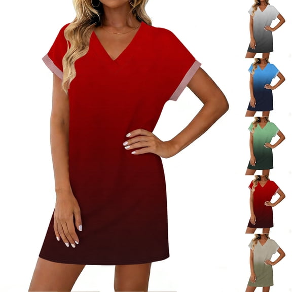 Avtoify Printed Short Sleeve V-Neck Loose Comfortable Short Nightgown Dresses for Women