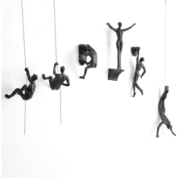 SUSSEXHOME Large Climbing Man Wall Sculpture Set of 6 – 3D Wall Art Figures with Rope – Handmade Polyresin Wall Decor for Living Room, Office, Hallway – Modern Black Hanging Sculpture Set (Set of 6)