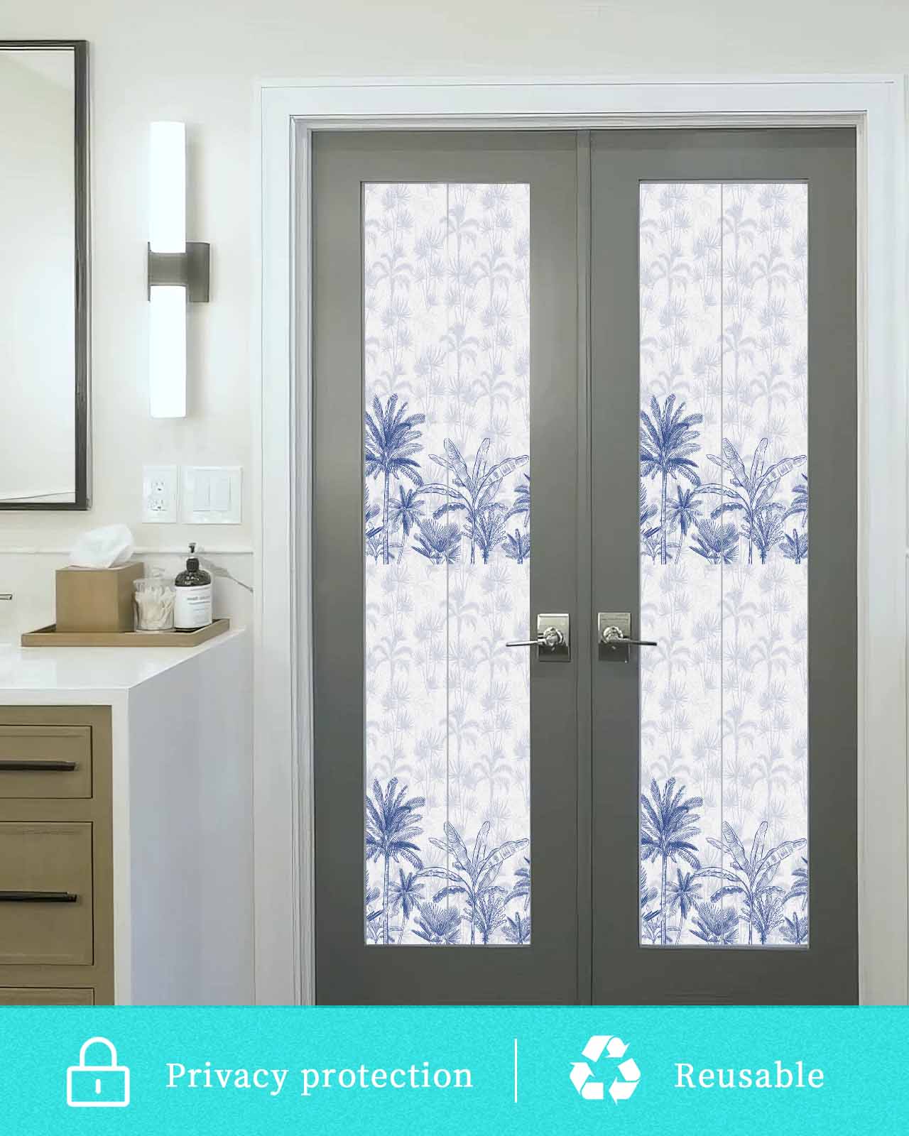 Window Privacy Film, Blue Tropical Palm Tree UV Sun Blocking Window Tint Film Heat Control One Way Blackout Window Film, Summer Botanical Monstera Plants Non Adhesive Static Cling Sticker 29.5x118 In