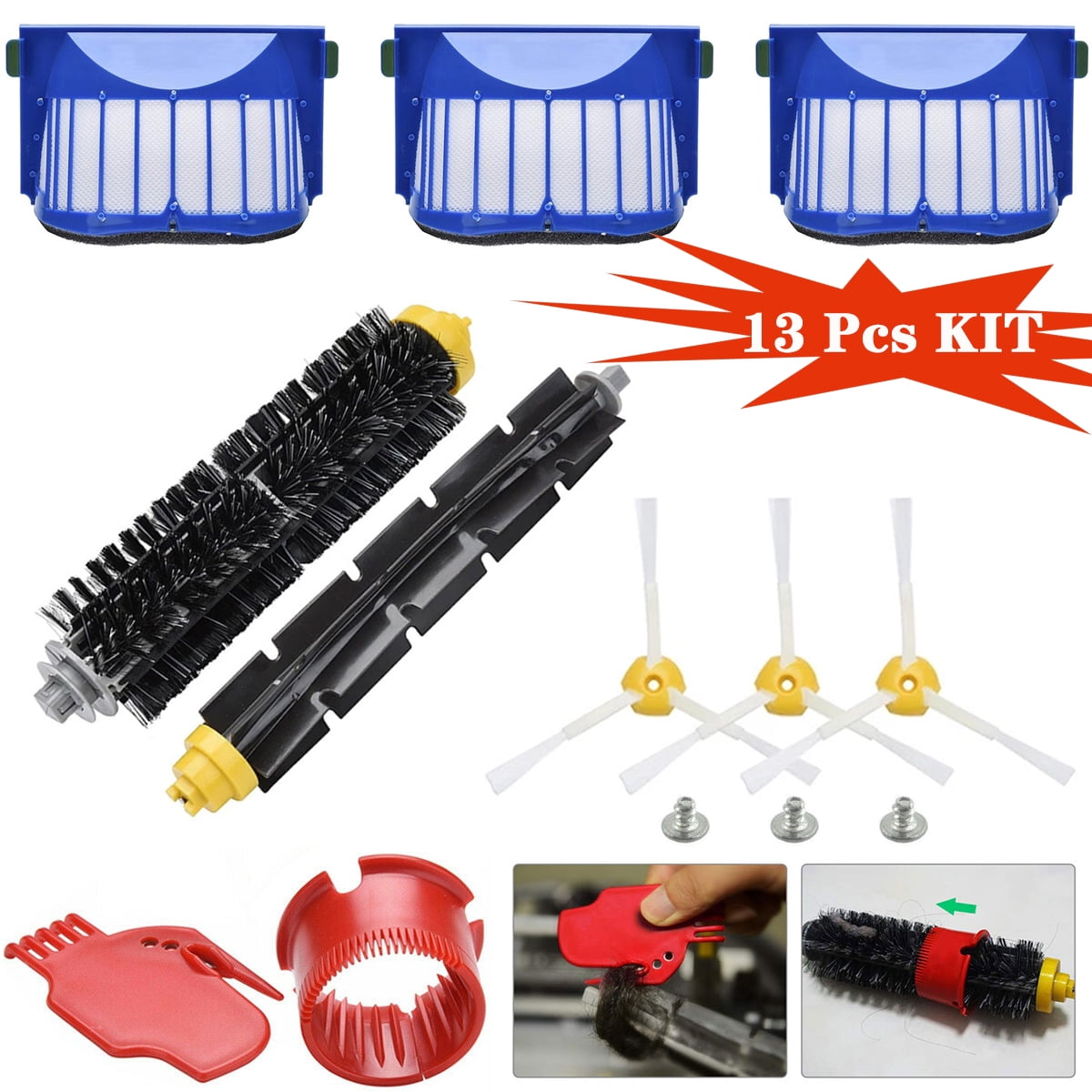 Replacement Brush Filter Kit 3-Armed Fit For iRobots Roomba Aerovac 528 529  600 Series