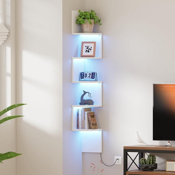 Corner Shelf Wall Mount with LED YANTON, 5 Tier Floating Corner Bookshelf, Plant Shelf for Bedroom, Floating Shelves for Wall, Display Stand for Living Room, Bathroom, Home Office, White