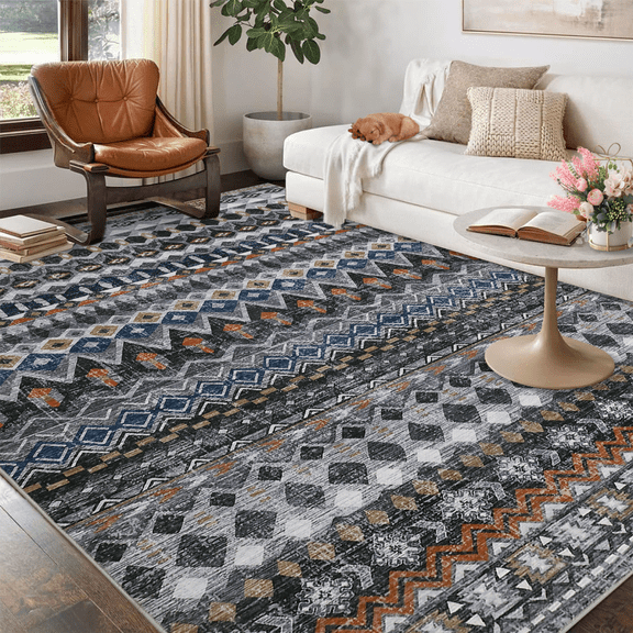 HOMERRY Floral Print Non Slip Area Rug 9' x 12' for Living Room Washable Indoor Carpet, Gray/Blue
