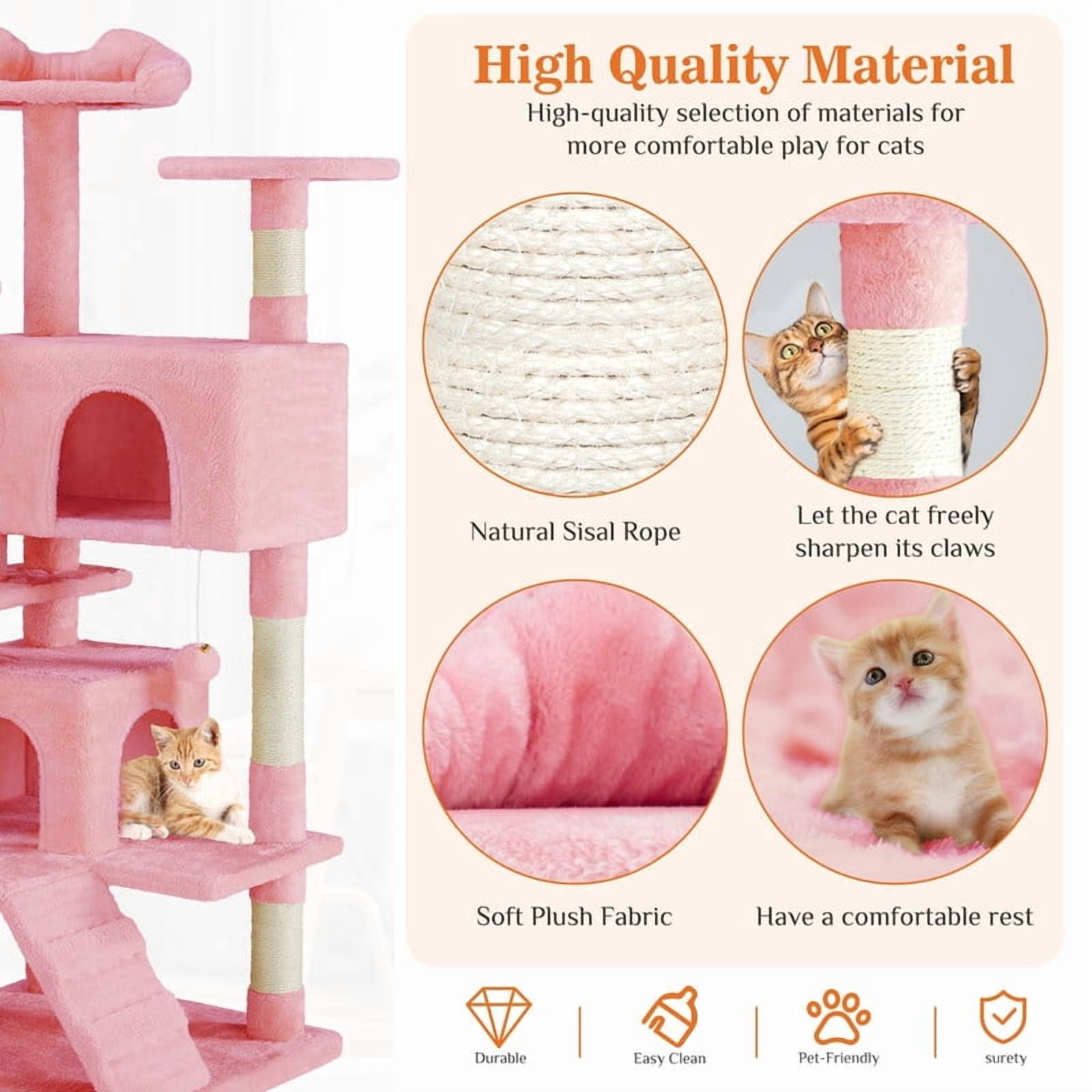 Kelno 54" Cat Tree Tower Durable Cat Climbing Tower with Sisal Scratching Posts Cozy Condo Hammock and Platforms, Pink